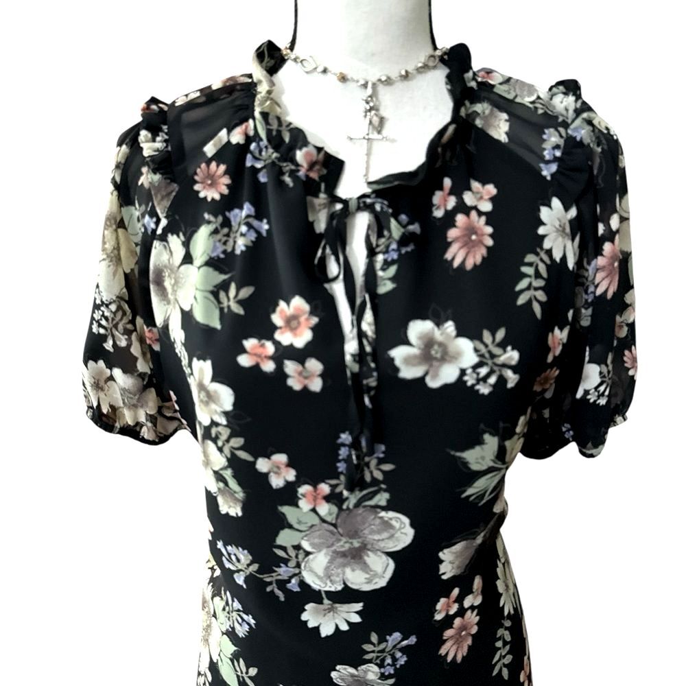 Pleione Black Floral Blouse Ruffle Neck Tie Front Sheer Sleeve Boho Size L - Picture 1 of 12